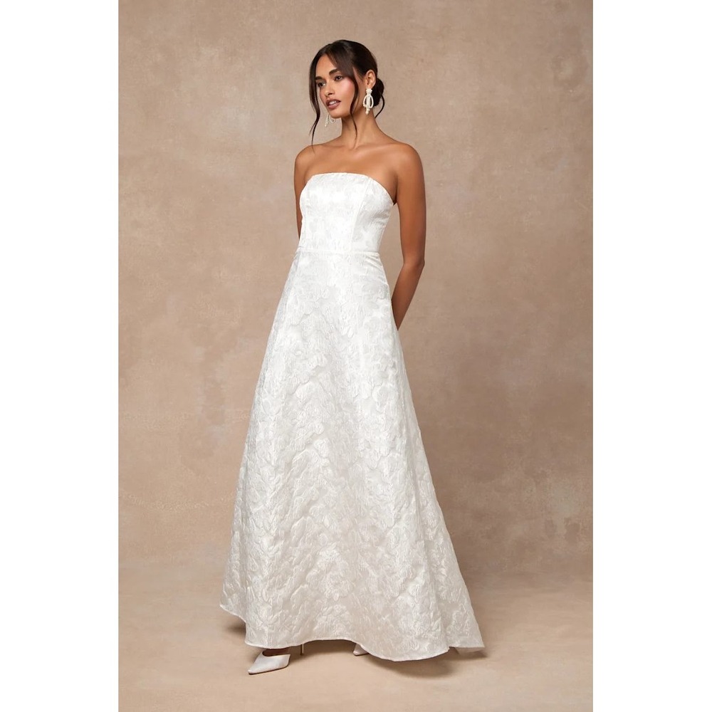 Lulus Tressa White Floral Jacquard Strapless Maxi Dress Wedding Formal Gown L